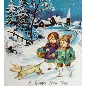 New Years Postcard Children Walking Pig Embossed Vintage Original Germany 1217